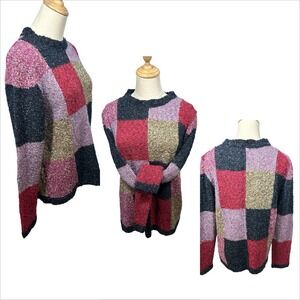 90s Y2K Knit Patchwork Roll Neck Sweater‎ Sz L Whimsy Cottage Indie Boho Artsy